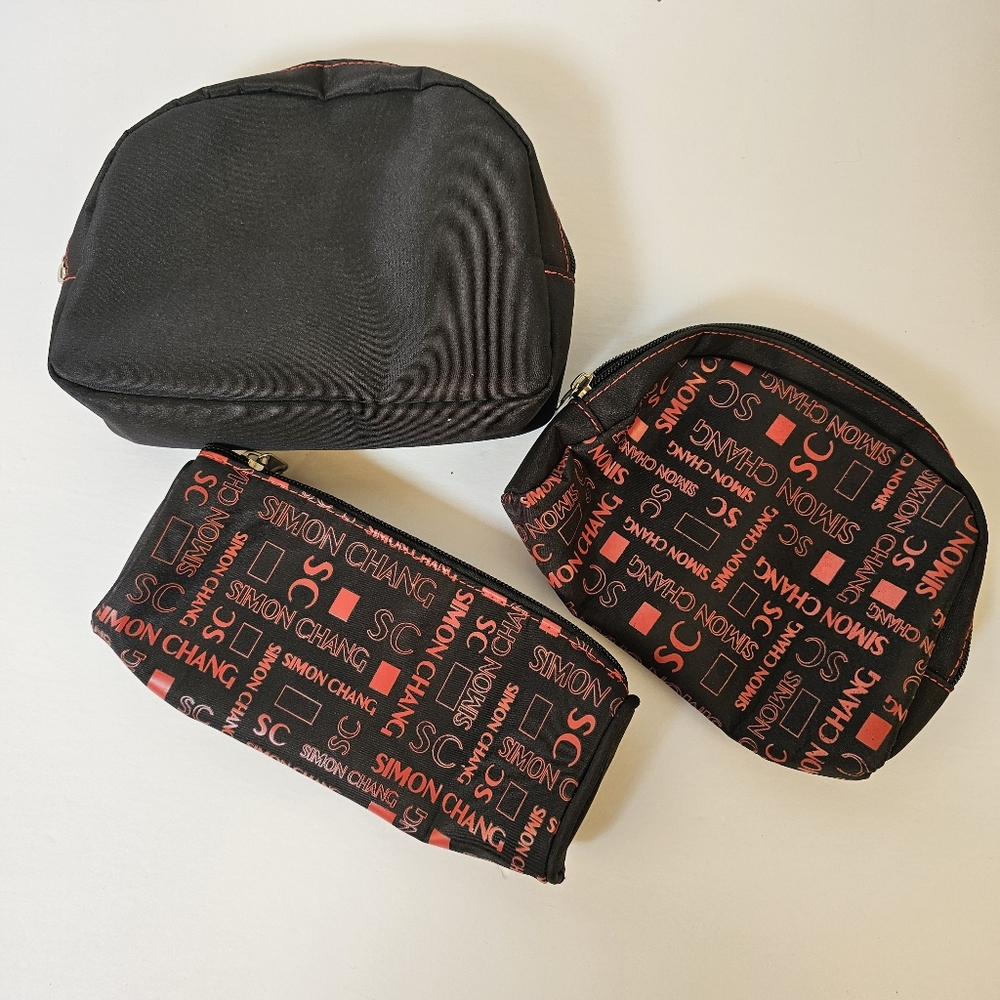 Simon Chang 3 black and red nylon zipped makeup pouches